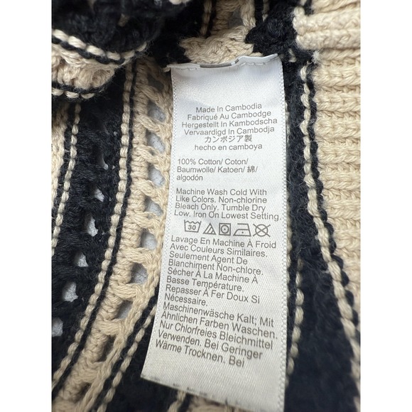 J Crew Sweater Womens Large Beige Black Striped Open Knit Pullover Cotton Collar - Picture 6 of 9